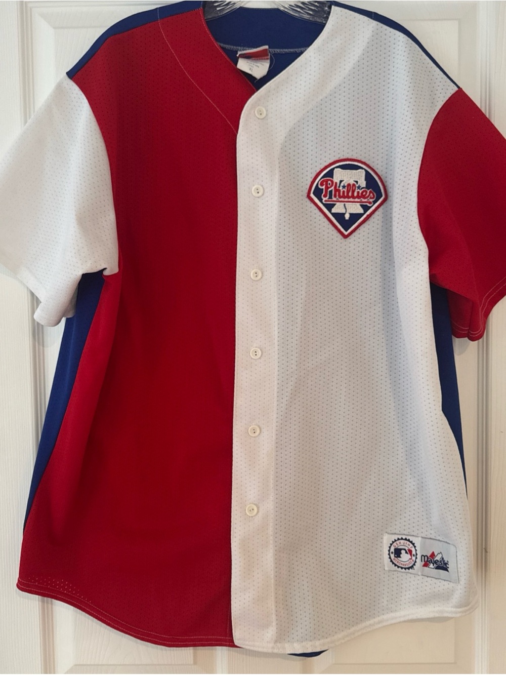 Majestic Vintage Phillies Red & White & Blue Button-Up Baseball Jersey size XL